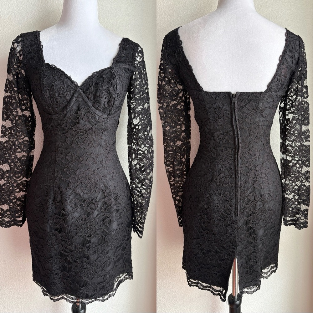 Vintage 90s Era Moda International Black Lace Puff Sleeve Sweetheart Dress 4P